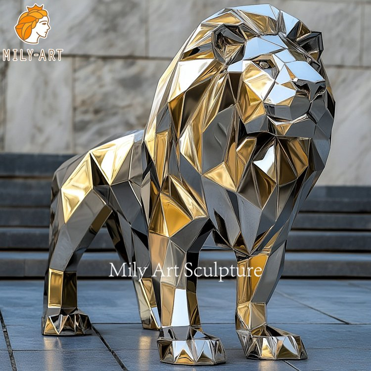 Customized Hotel Outdoor Metal Geometric Animal Sculpture Stainless Steel Gold Lion Statues