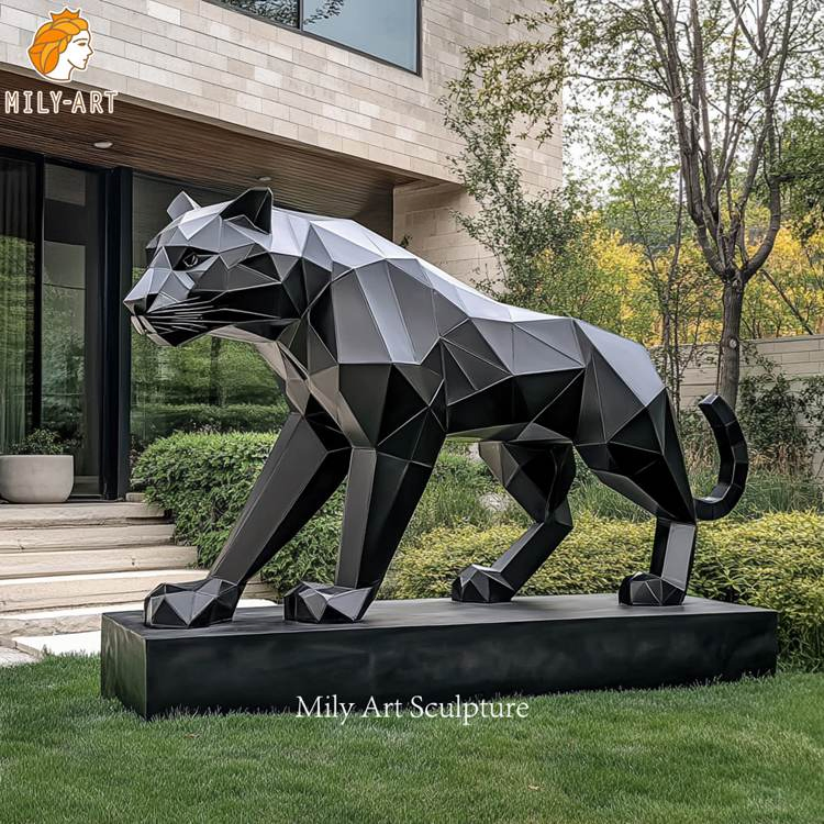 Large Garden Yard Metal Animal Sculpture Geometric Stainless Steel Black Panther Statue