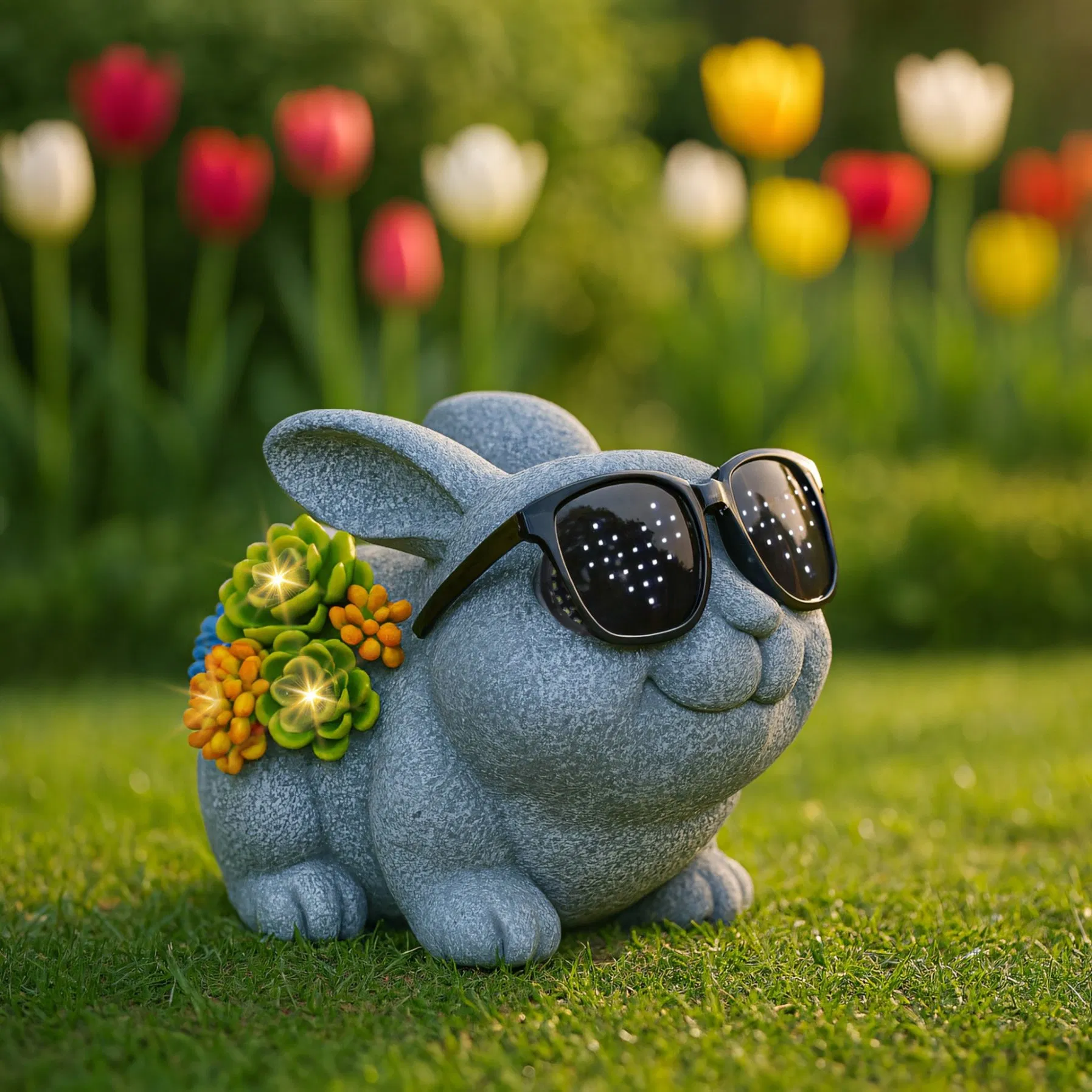 Resin Rabbit Statues with Cool Solar Eyes Garden Sculpture for Yard Patio Decorations
