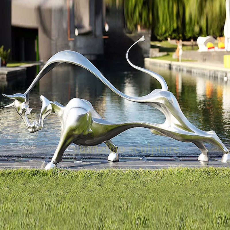 Outdoor Garden Decorative Brushed Metal Bull Sculpture Stainless Steel Abstract Bull Sculpture