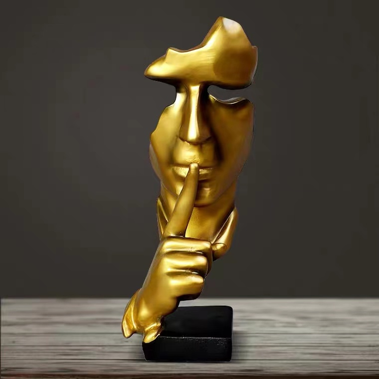 Modern Art Resin Crafts Abstract Sculpture Silence Is a Gold Face Statue Ornaments
