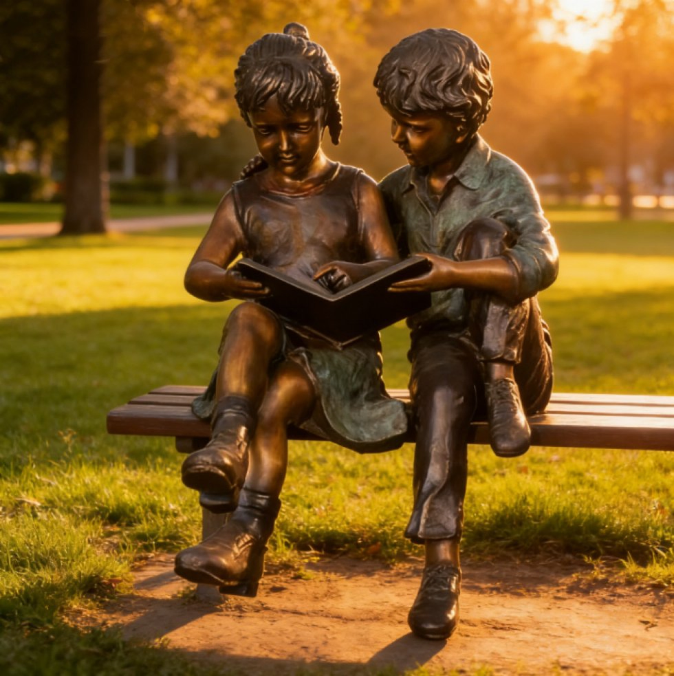 Life Size Bronze Boy and Girl Statue Custom Modern Street Garden Sculpture