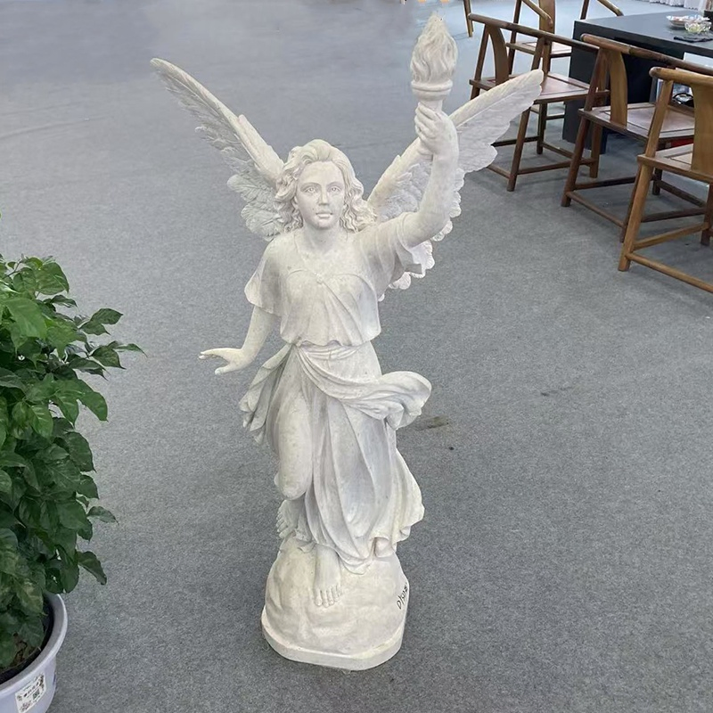 Handcrafted White Marble Angel Statue with Torch Winged Victory for Garden Home
