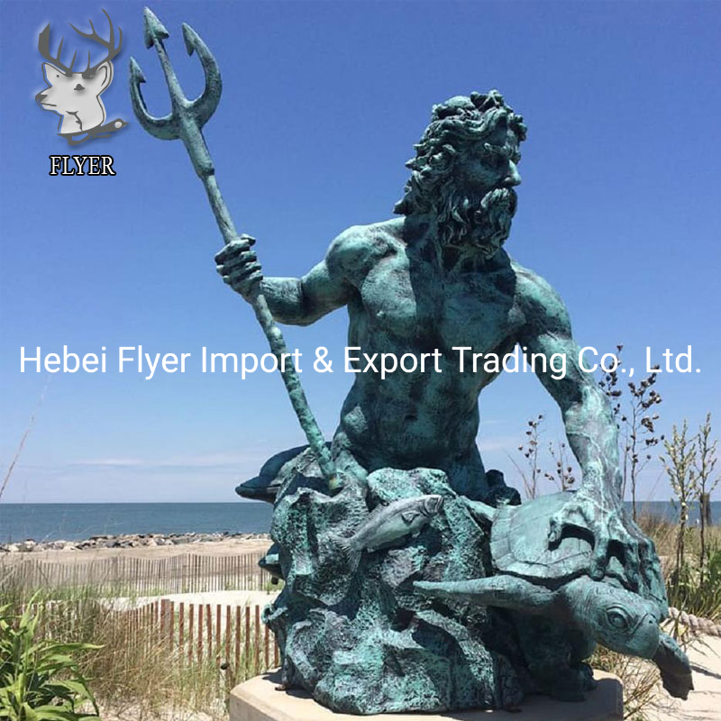Outdoor Famous Large Size Greek Myth Metal Craft Life Size King of Sea Poseidon with Dolphin Chariot Bronze Man Sculpture
