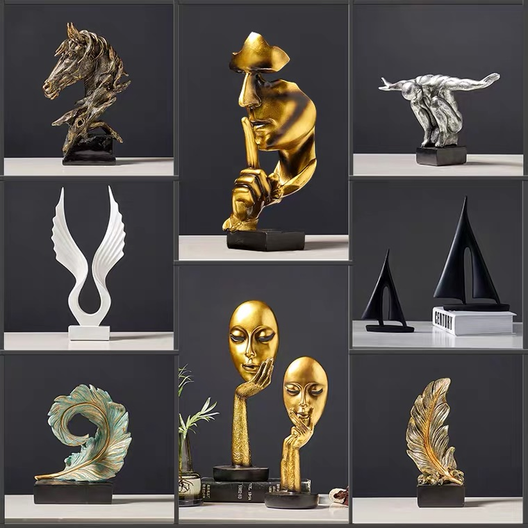 Modern Art Resin Crafts Abstract Sculpture Silence Is a Gold Face Statue Ornaments