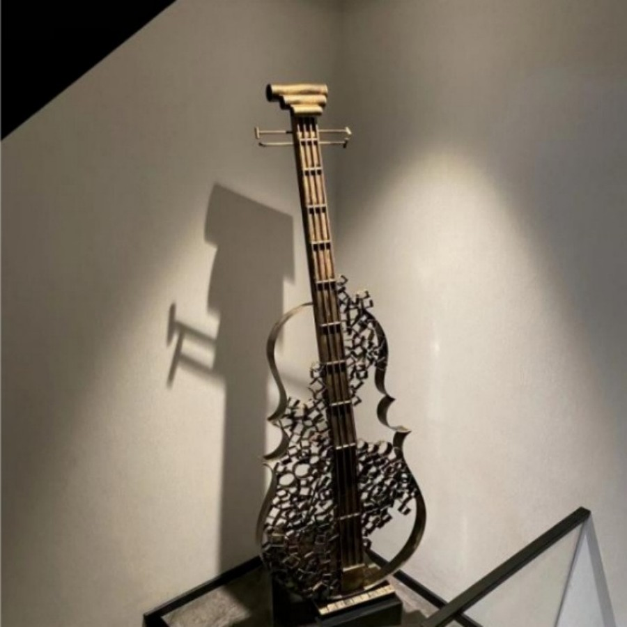 Modern Abstract Guitar Sculpture - Stainless Steel Art Statue for Luxury Home &amp; Hotel Decor Indoor Contemporary Metal Wall Sculpture