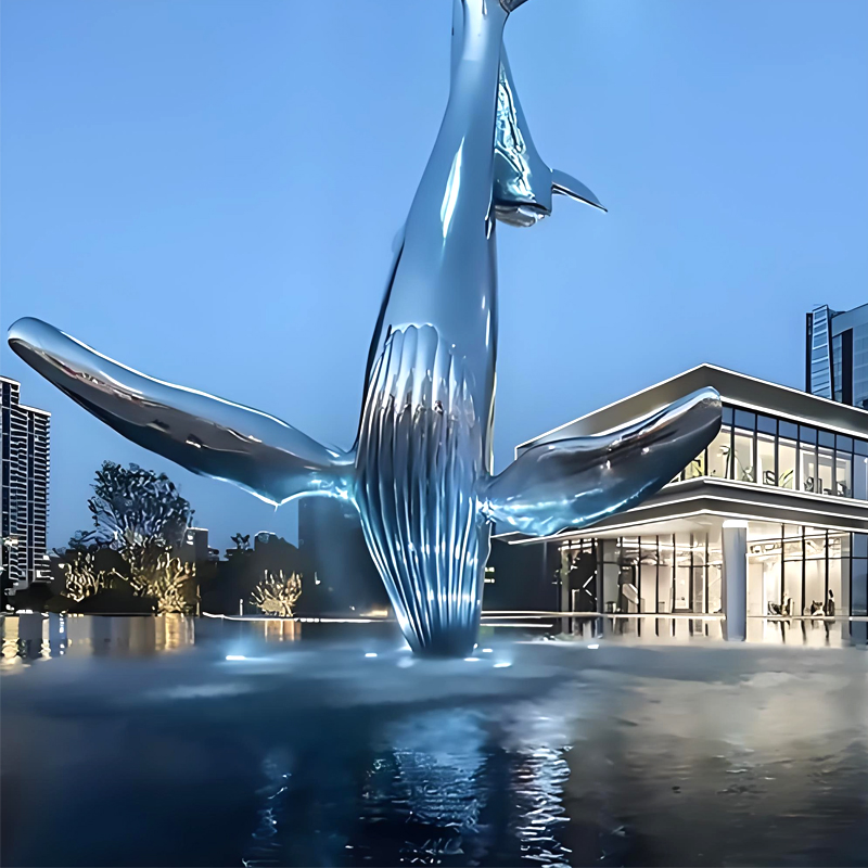 Custom Large Mirror-Finish Stainless Steel Sculptures - Openwork Whale &amp; Dolphin Marine Art for Commercial Streetscapes - Weatherproof Outdoor Landmark Installa