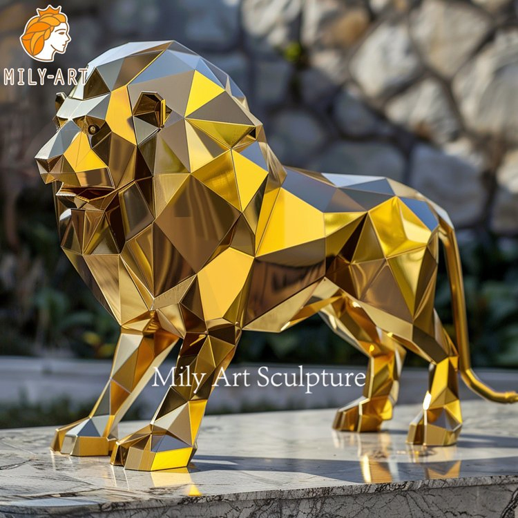 Customized Hotel Outdoor Metal Geometric Animal Sculpture Stainless Steel Gold Lion Statues