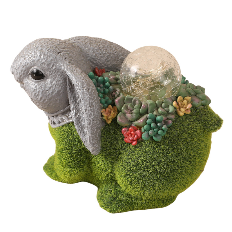 Whimsical Flocking Resin Rabbit Statue with Solar Light for Outdoors