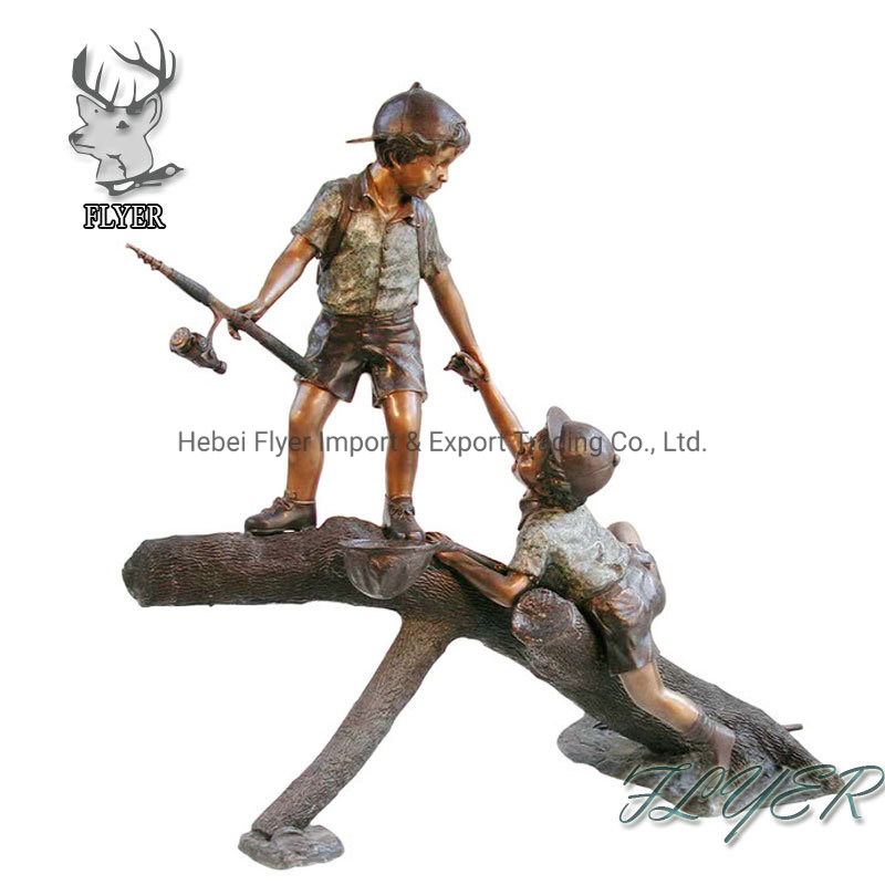 Garden Sculpture Life Size Bronze Children Sculptures Statue Boys Fishing Sculpture