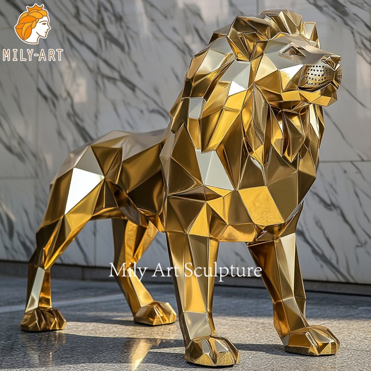 Customized Hotel Outdoor Metal Geometric Animal Sculpture Stainless Steel Gold Lion Statues