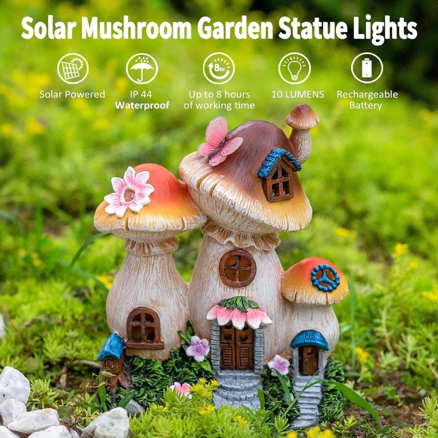Solar Resin Mushroom Statue Lights Fairy Garden Miniature Yard Art Outdoor Plant Stands