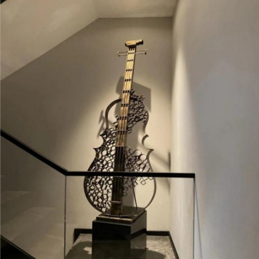 Modern Abstract Guitar Sculpture - Stainless Steel Art Statue for Luxury Home &amp; Hotel Decor Indoor Contemporary Metal Wall Sculpture