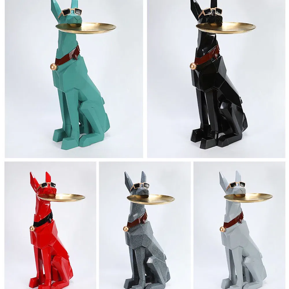 Resin Life Size Geometric Animal Sculpture Doberman Tray Dog Statue with Tray