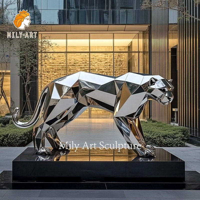 Outdoor Lawn Life Size Geometric Silver Stainless Steel Cheetah Statue