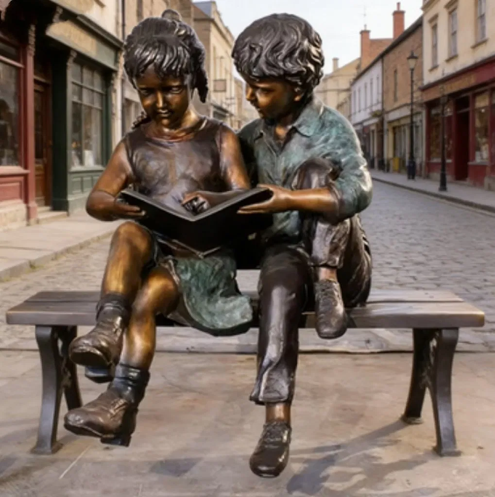 Life Size Bronze Boy and Girl Statue Custom Modern Street Garden Sculpture