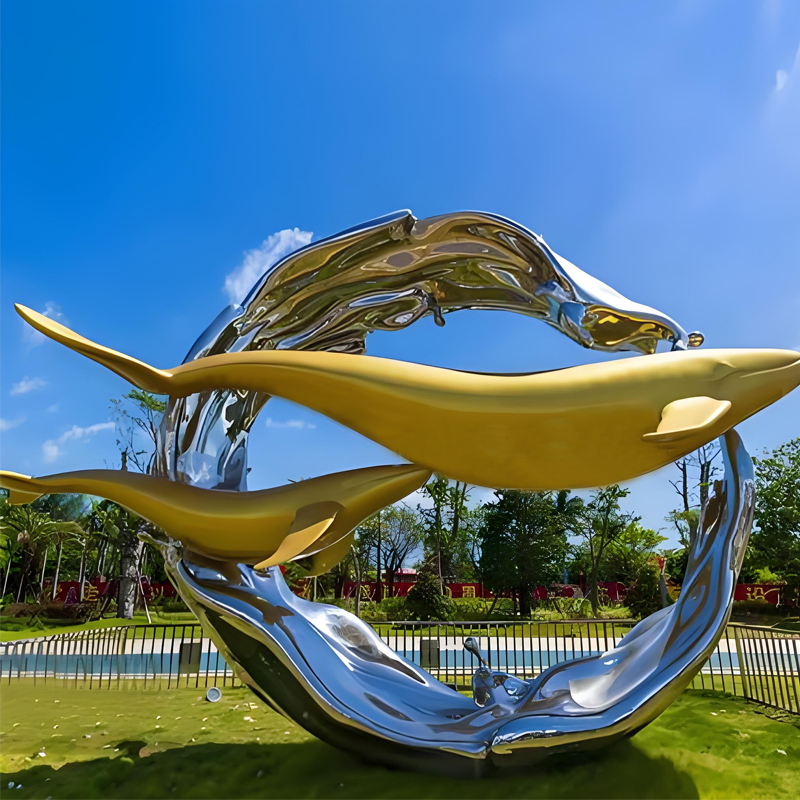 Custom Large Mirror-Finish Stainless Steel Sculptures - Openwork Whale &amp; Dolphin Marine Art for Commercial Streetscapes - Weatherproof Outdoor Landmark Installa