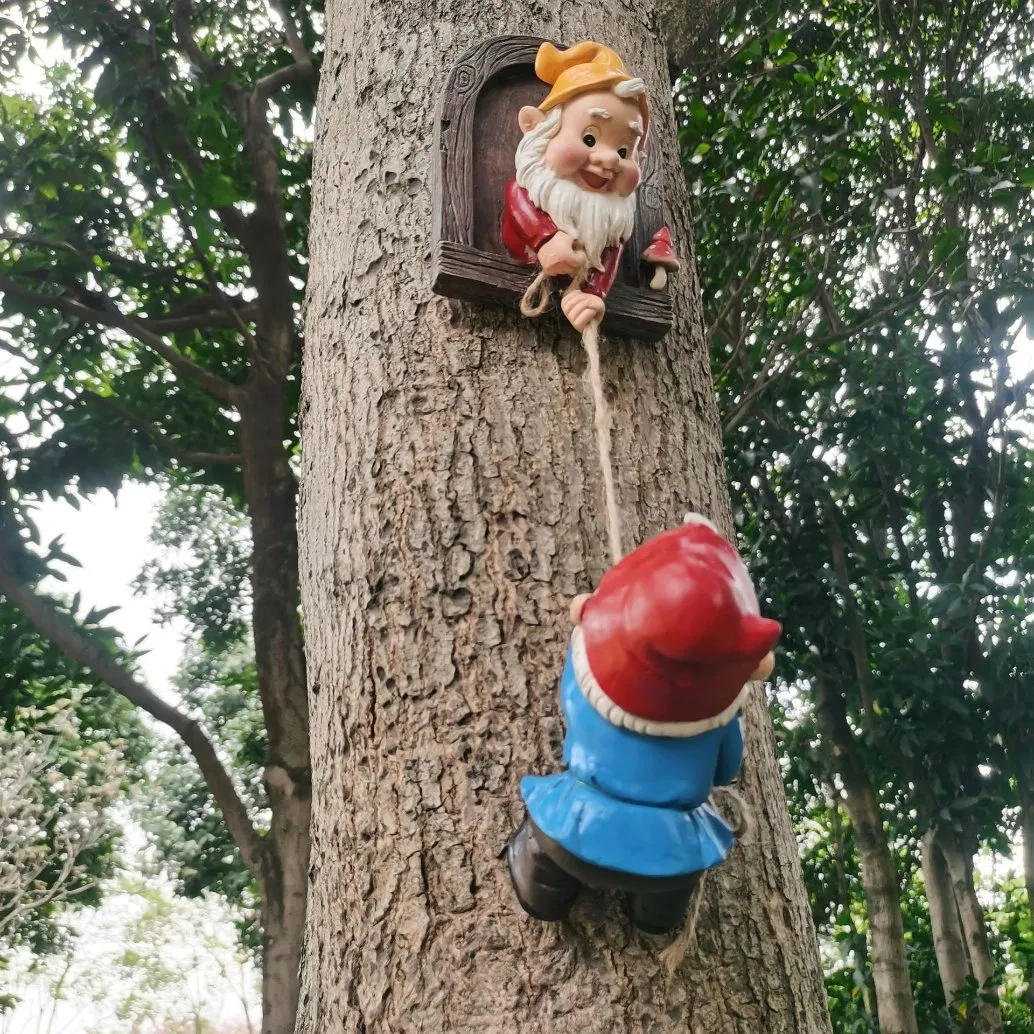 Two Resin Gnome Statues Climbing for Garden Yard Tree Wall Decoration