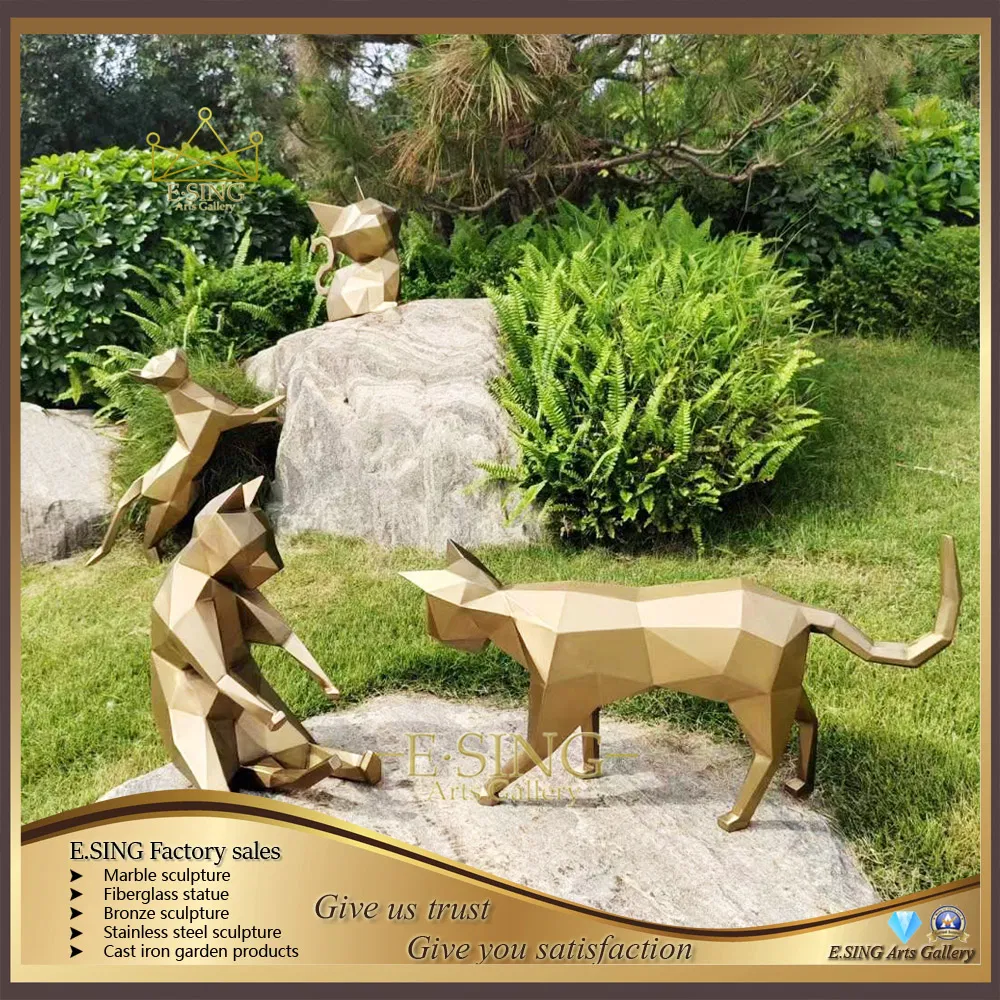 Stainless Steel Animal Sculpture Geometric Multi Faceted Cat Statue