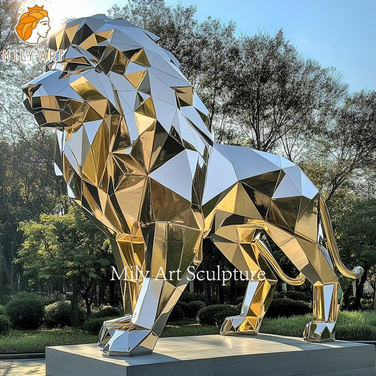 Customized Hotel Outdoor Metal Geometric Animal Sculpture Stainless Steel Gold Lion Statues