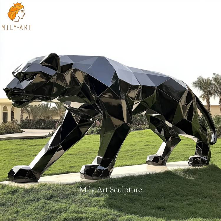 Large Garden Yard Metal Animal Sculpture Geometric Stainless Steel Black Panther Statue