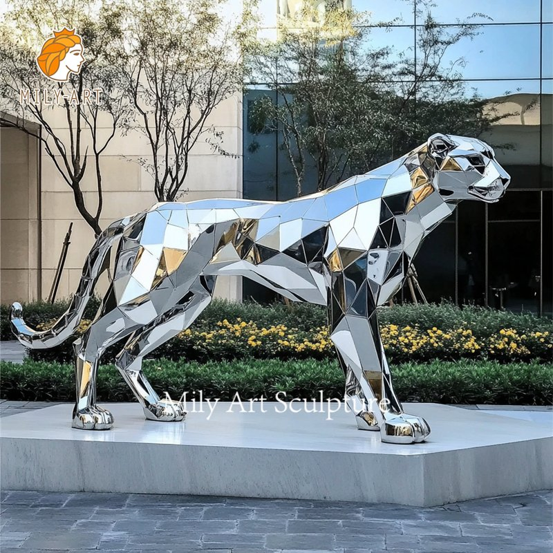 Outdoor Lawn Life Size Geometric Silver Stainless Steel Cheetah Statue
