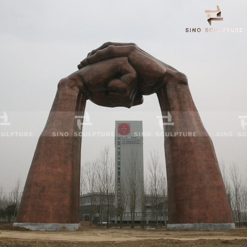 Large Bronze Hand Door Sculpture by Red Copper with Patina for Landscaping