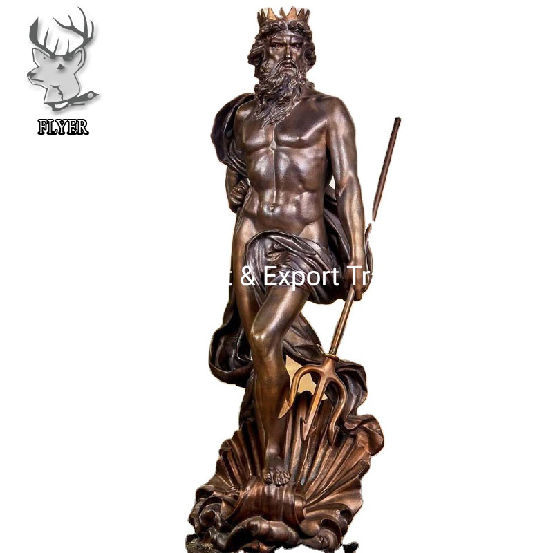 Outdoor Famous Large Size Greek Myth Metal Craft Life Size King of Sea Poseidon with Dolphin Chariot Bronze Man Sculpture