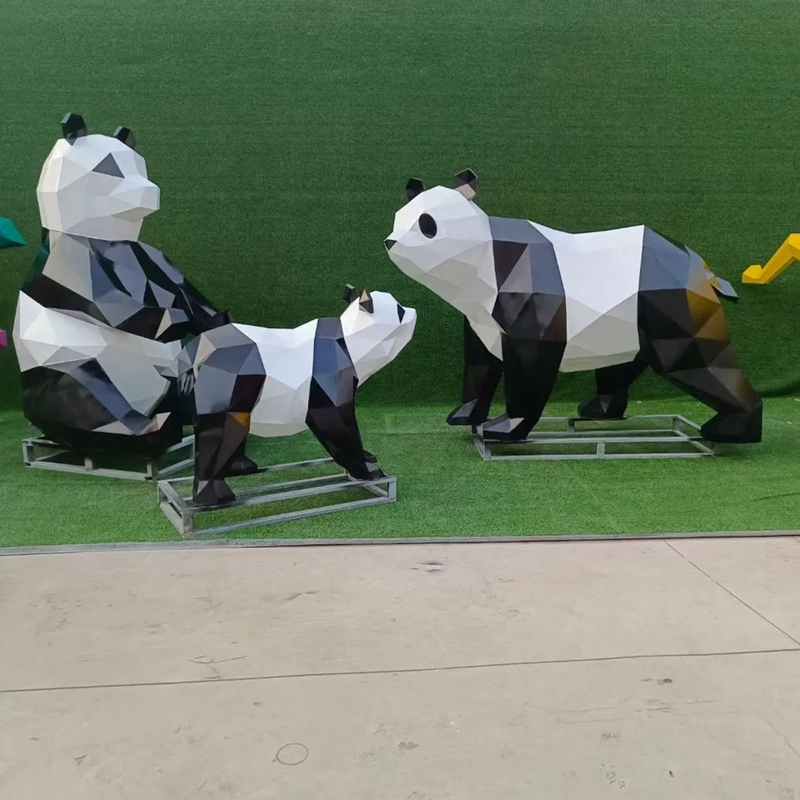 Outdoor Large Geometric Stainless Steel Panda Sculpture Metal Panda Statue