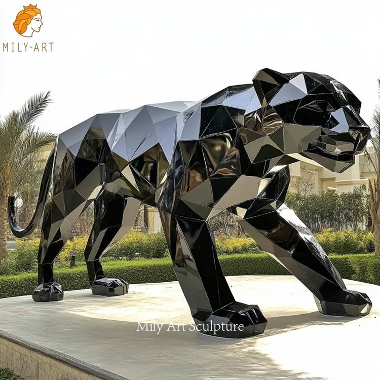 Large Garden Yard Metal Animal Sculpture Geometric Stainless Steel Black Panther Statue