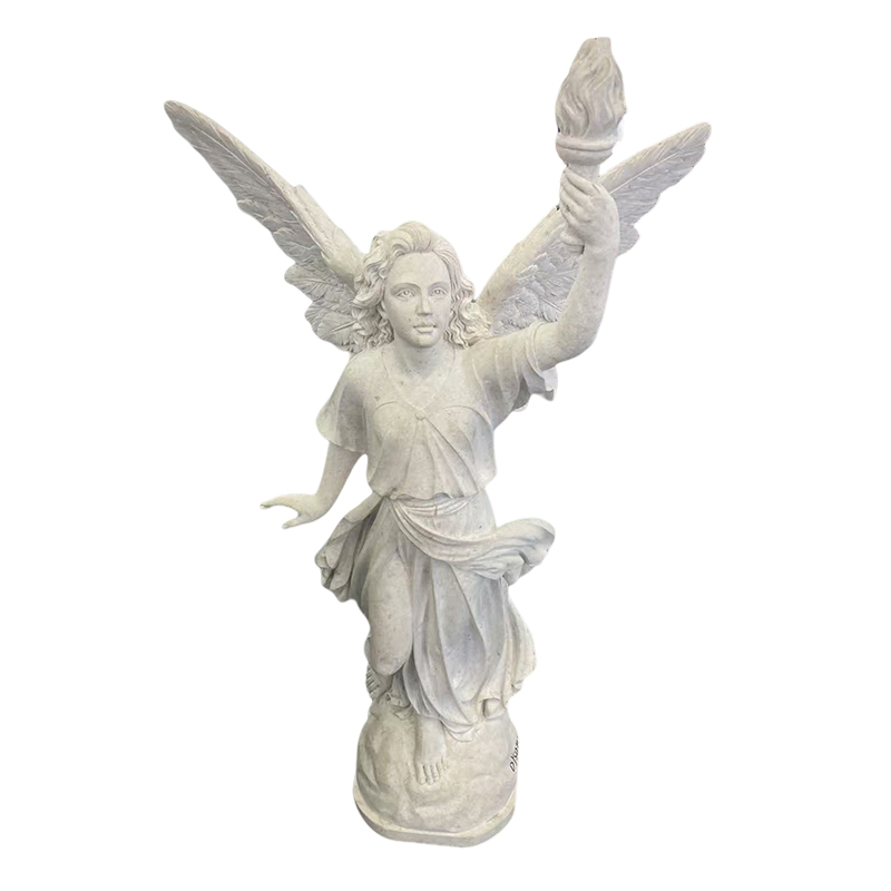 Handcrafted White Marble Angel Statue with Torch Winged Victory for Garden Home