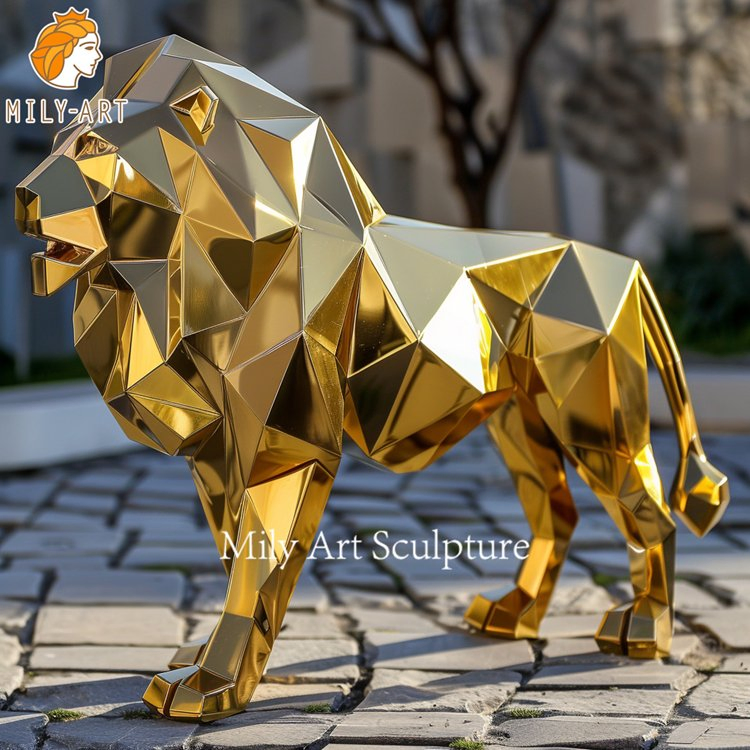 Customized Hotel Outdoor Metal Geometric Animal Sculpture Stainless Steel Gold Lion Statues