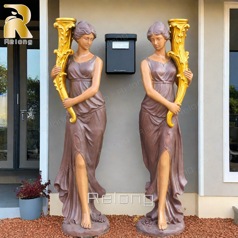 Indoor Home Decoration Life Size Bronze Lady Holding Lamp Sculpture