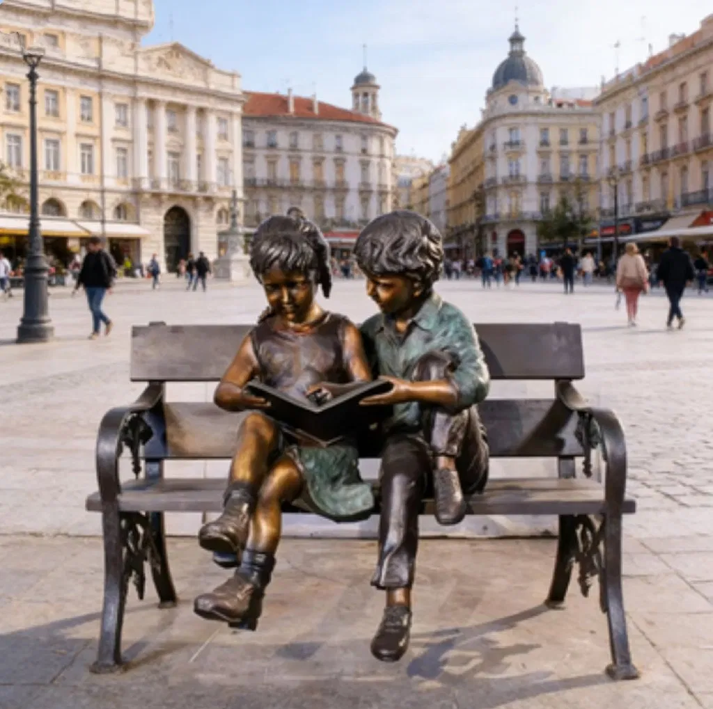 Life Size Bronze Boy and Girl Statue Custom Modern Street Garden Sculpture
