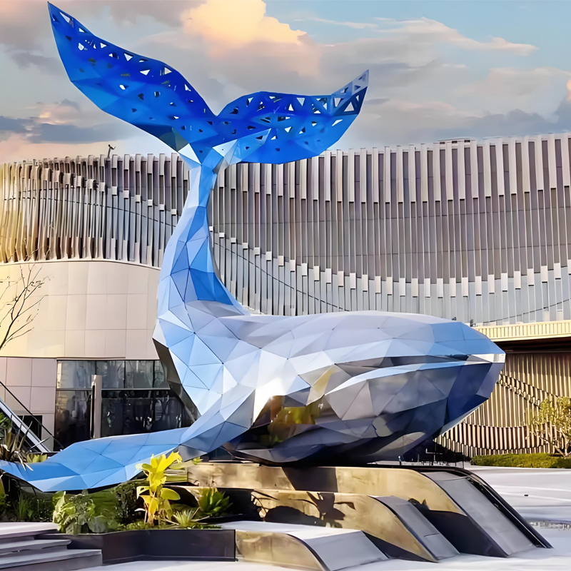 Custom Large Mirror-Finish Stainless Steel Sculptures - Openwork Whale &amp; Dolphin Marine Art for Commercial Streetscapes - Weatherproof Outdoor Landmark Installa