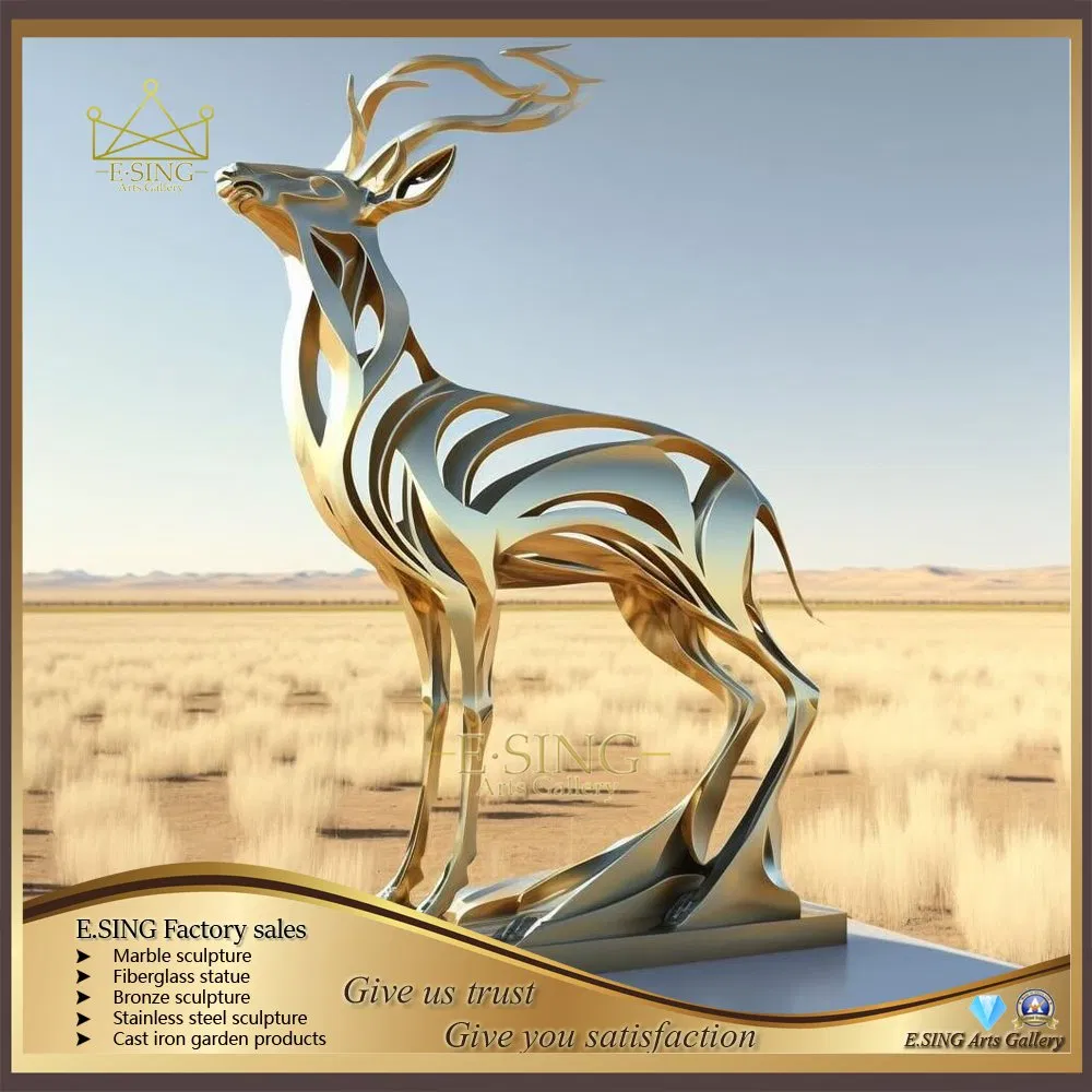 Stainless Steel Outdoor Sculpture Metal Animal Carving Art Abstract Geometric Deer Statue