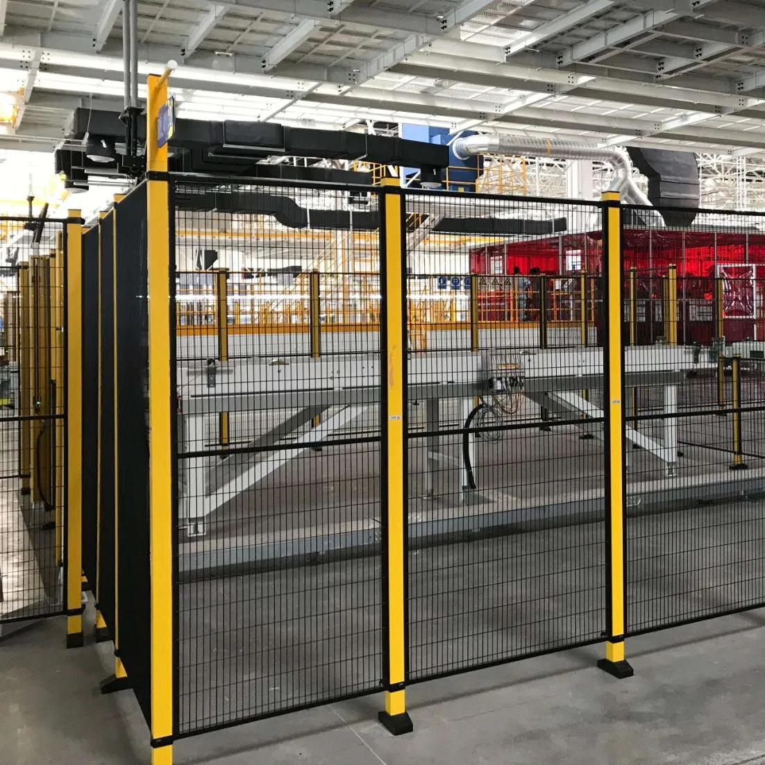 Workshop Guardrail System with Additional Features Like Signage Holders and Tool Hooks for Increased Functionality in Industrial Workshops and Maintenance Bays