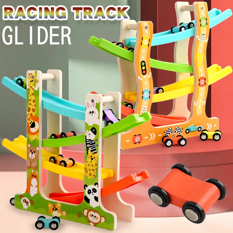 Pista de carreras deslizante de madera Montessori 1
