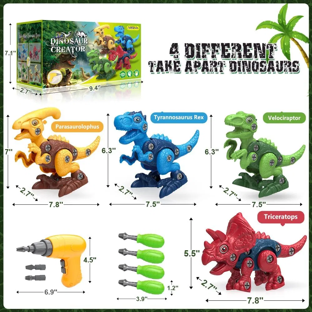 Juguetes de dinosaurios para niños de 3, 4, 5, 6, 7 años, juguetes desmontables con taladro eléctrico para niños, juguete educativo de construcción STEM, ideal para cumpleaños y Navidad