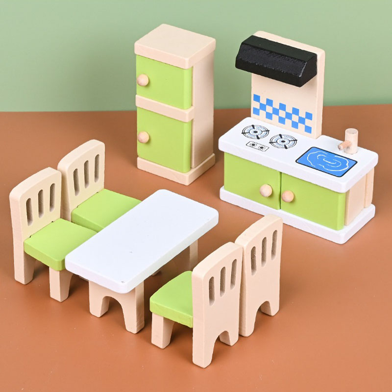 Muebles de casa de muñecas de madera, comedor, sala de pasatiempos, juguetes educativos para preescolar