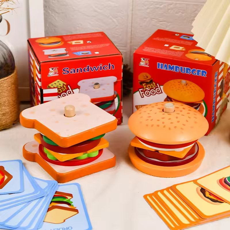 Juguetes de apilamiento de hamburguesas de madera Montessori para niños pequeños y niños, juguetes educativos para preescolar, juguete para habilidades motoras finas