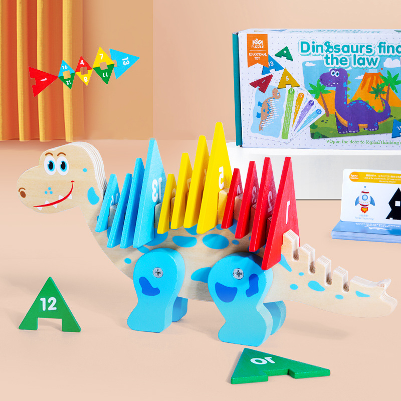 Juguetes de dinosaurio de madera para el aprendizaje matemático en la educación infantil con bloques de números de colores
