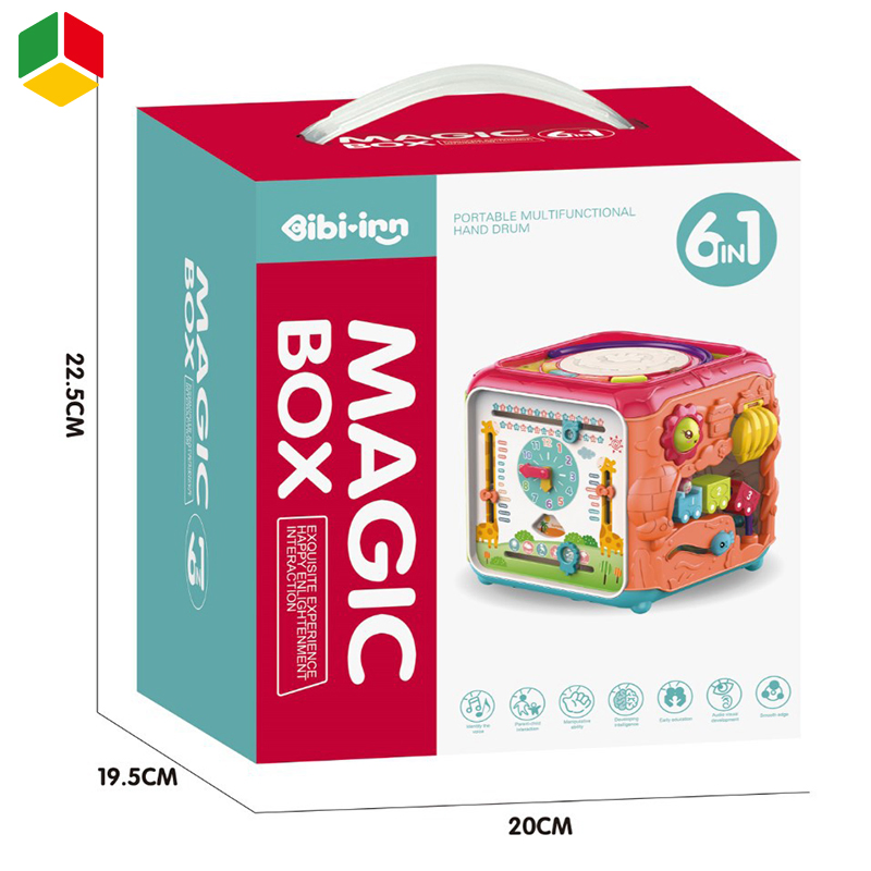 QS Amazon Venta Caliente Juguete Musical de Aprendizaje Temprano para Bebés 6 en 6 Set de Caja de Rompecabezas Mágico Eléctrico Juguete de Música Tambor de Mano Cubo de Actividad para Niños 1