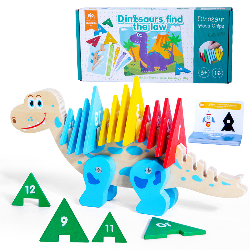 Juguetes de dinosaurio de madera para el aprendizaje matemático en la educación infantil con bloques de números de colores