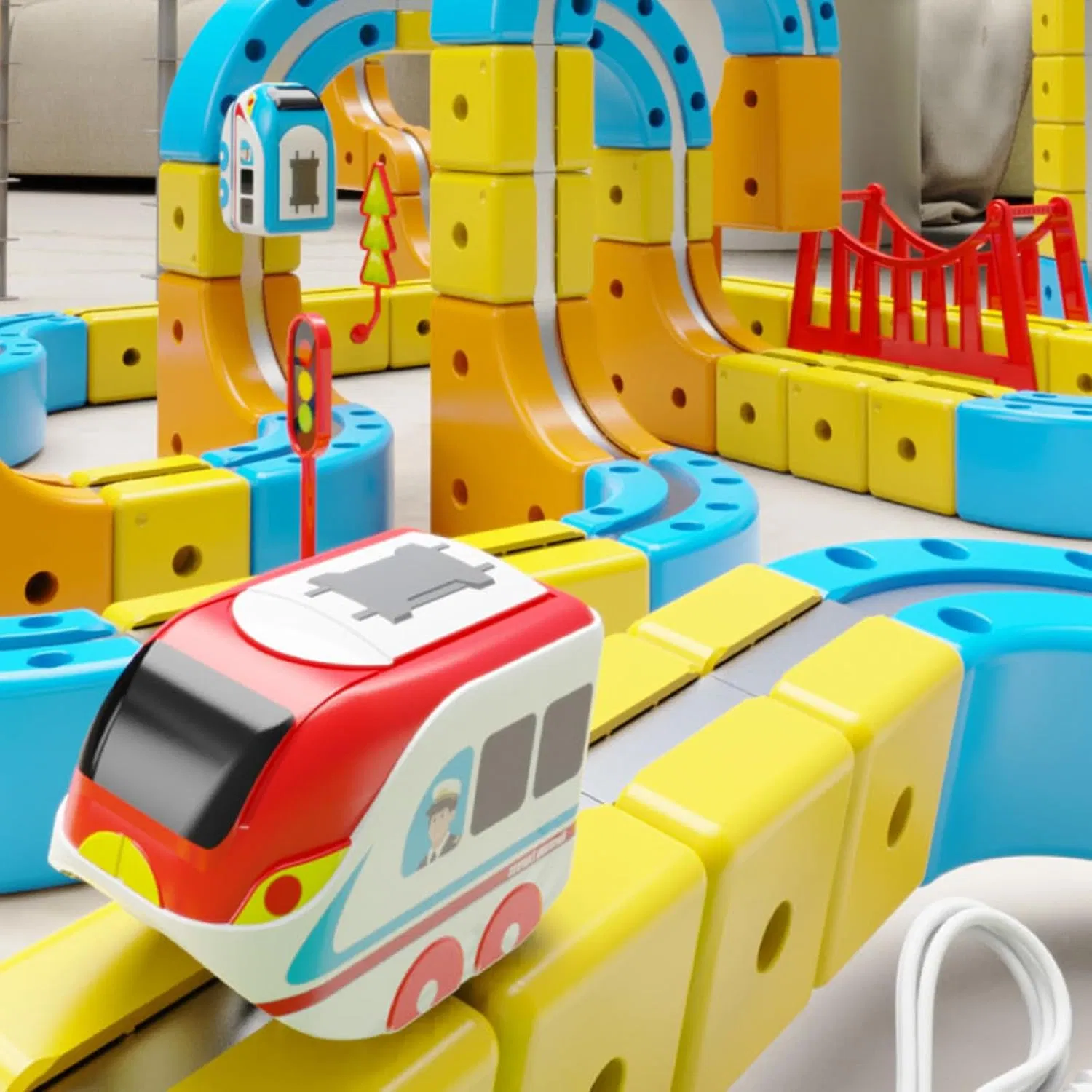 Juego de tren eléctrico con 3D pistas de carreras flexibles mágicas para niños, pista de carrera antigravedad con bloques de cubos de railes, juguete de aprendizaje STEM (96PCS) juguetes de América y Rusia