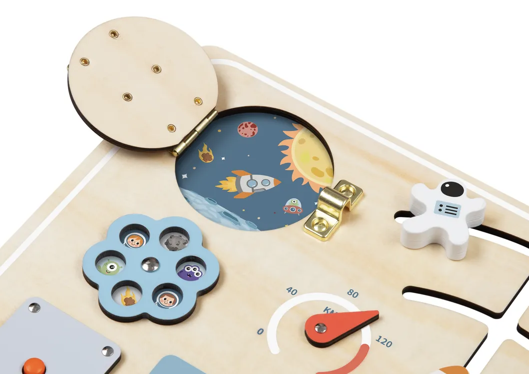 Tablero Ocupado de Madera Multifuncional Cohete Espacial Planeta Cognición Juguete Educativo Montessori