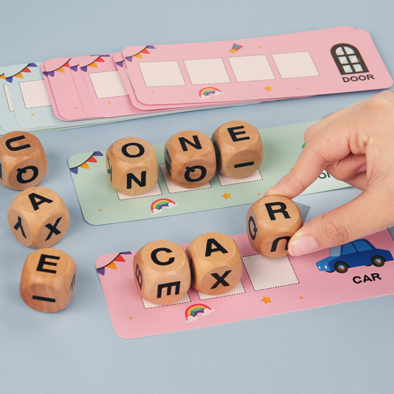Juguete educativo de madera con dados de letras y matemáticas Montessori