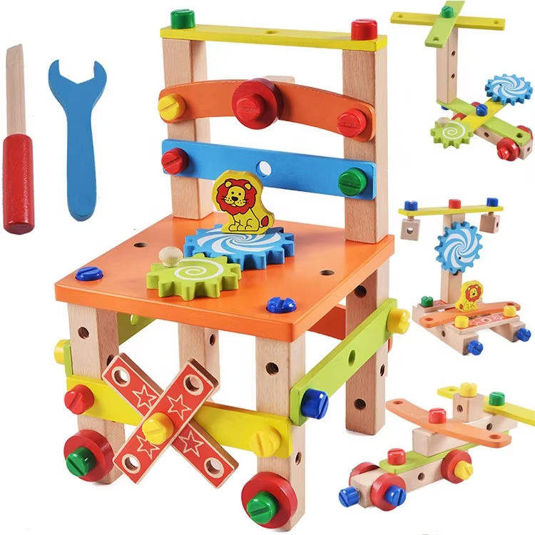 Silla de Madera Educativa al por Mayor para Niños 5-7 Años Juguete de Herramientas de Tornillos de Tuerca para Jugar a Armar