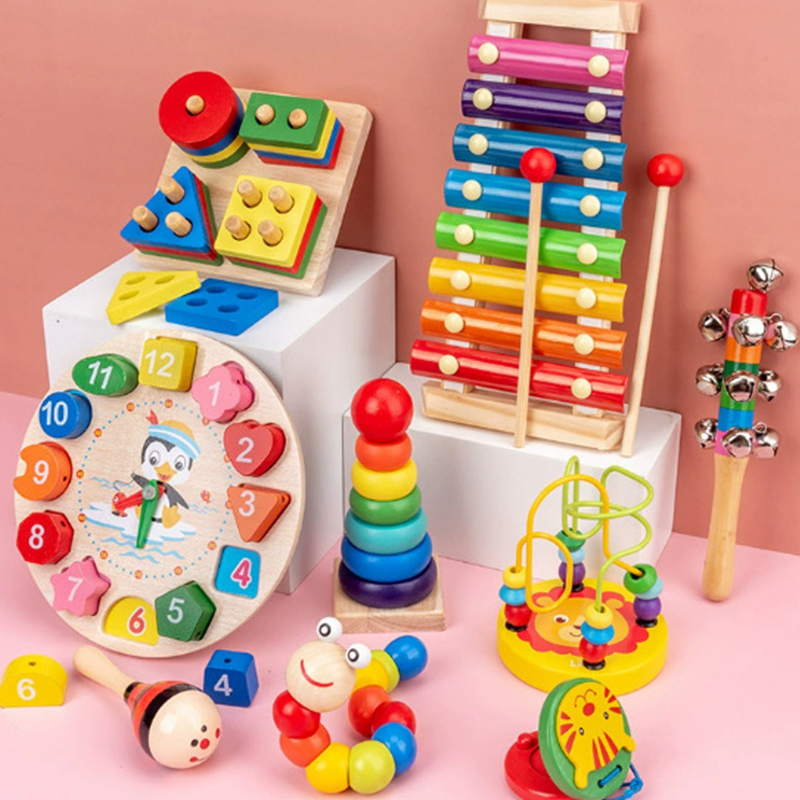 Juguete educativo de reloj de cuerdas de madera para niños AiJH con ocho notas de percusión, torre arcoíris, tablero de forma de cuatro columnas y gusano retorcido
