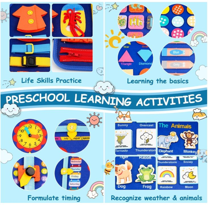 Tablero Ocupado 12 Páginas Educativas de Aprendizaje Montessori Juguetes Sensoriales para Niños Pequeños 1-6 Años - Regalos de Cumpleaños para Niños y Niñas, Libro Ocupado de Viaje para Avión y Coche